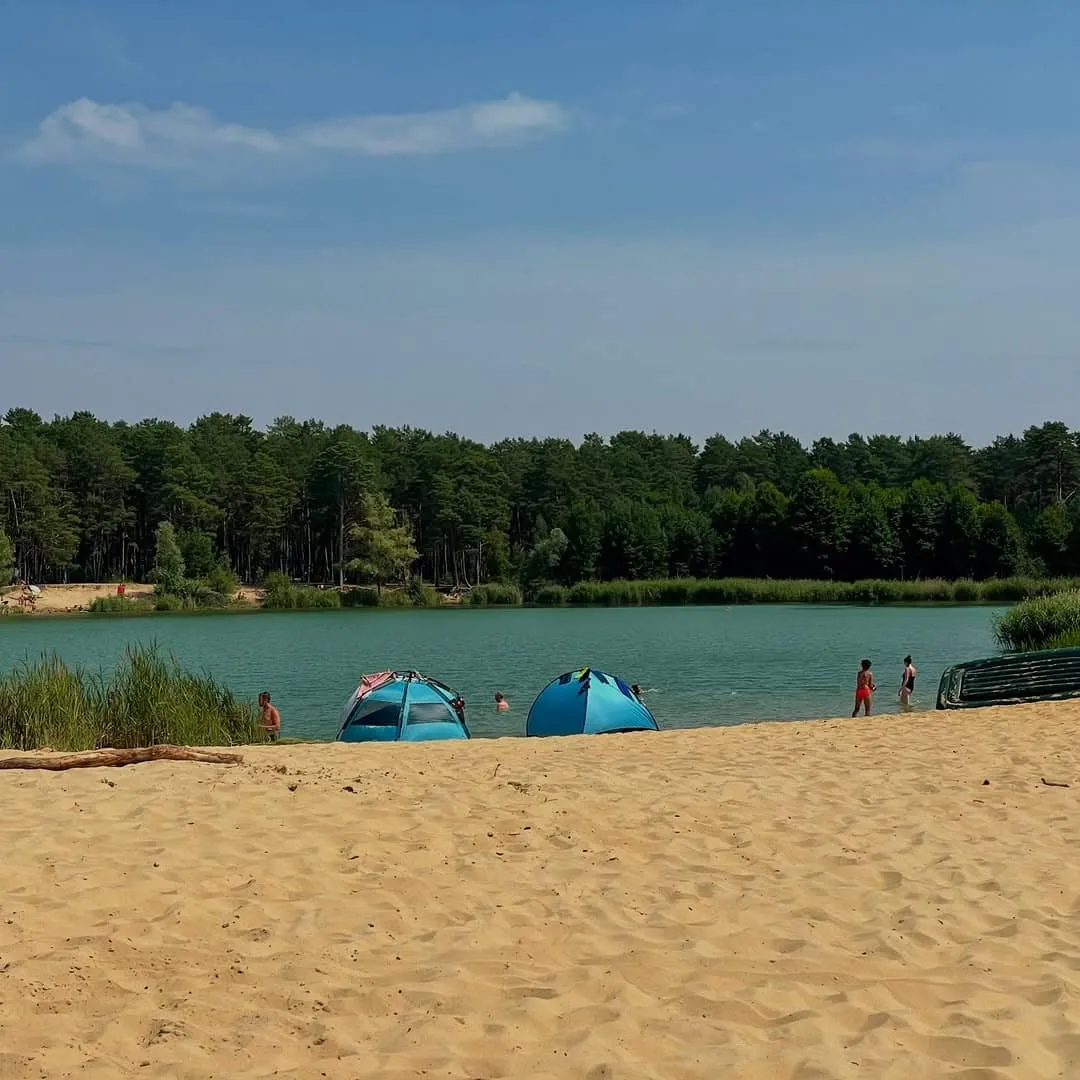 Bernsteinsee bei Ruhlsdorf – türkises Wasser und der Strand hinter dem Wald